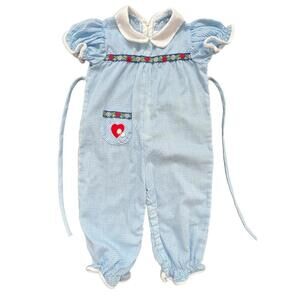 Vintage 70s Neiman Marcus Blue & White Gingham Baby Romper - 3-4T